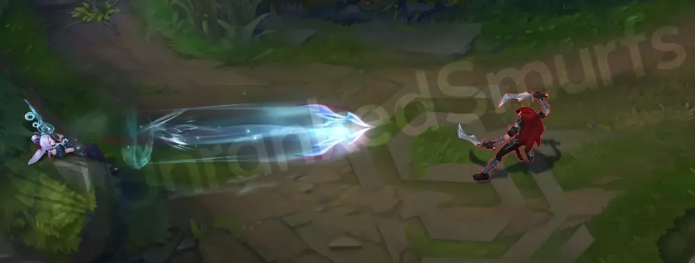 Snow Moon Caitlyn Q Piltover Peacemaker cast with pale cyan beam and pink undertones