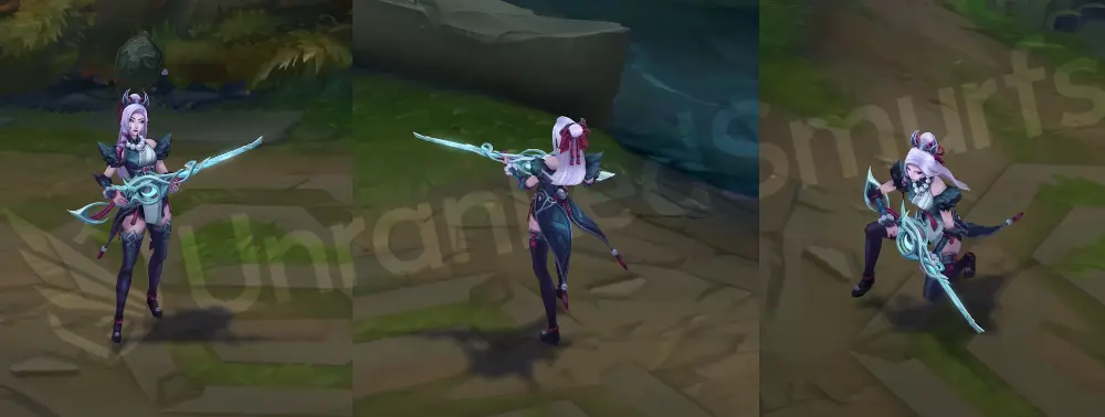 Snow Moon Caitlyn front and side in-game, showing icy ceremonial outfit and silver-blue rifle