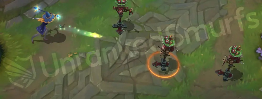 Sorceress Lux basic attack animation frame—casting a simple arcane bolt