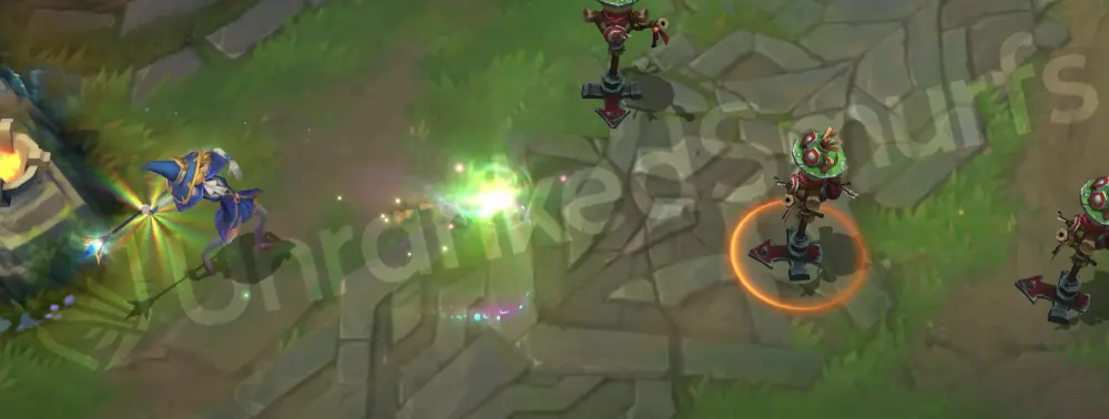 Sorceress Lux Q (Light Binding) windup with blue-gold sparks