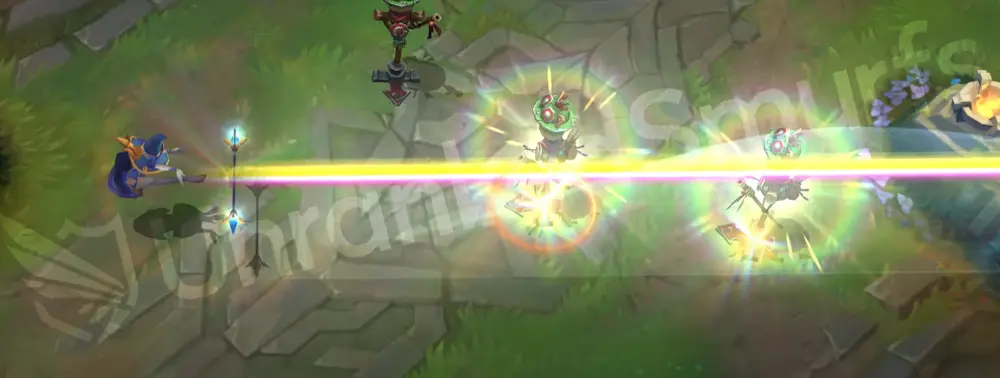 Sorceress Lux R (Final Spark) beam with faint gold shimmer along a blue core