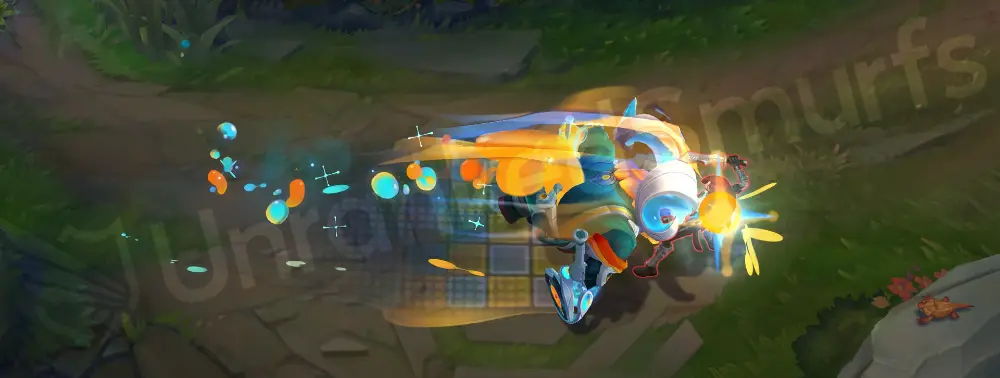Space Groove Ornn E dash impact with bright cyan-orange collision effects