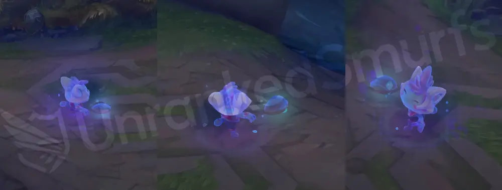 Space Groove Teemo in-game overview, front and side with neon cat helmet and blue suit