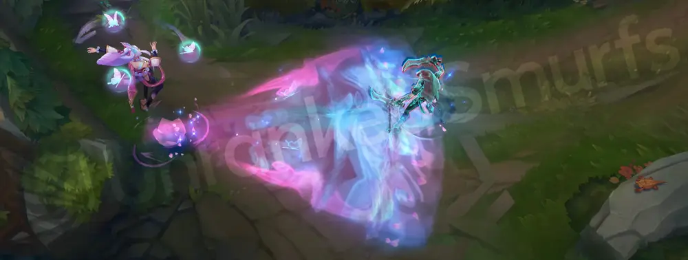 Spirit Blossom Syndra E animation, pink shockwave scattering butterflies