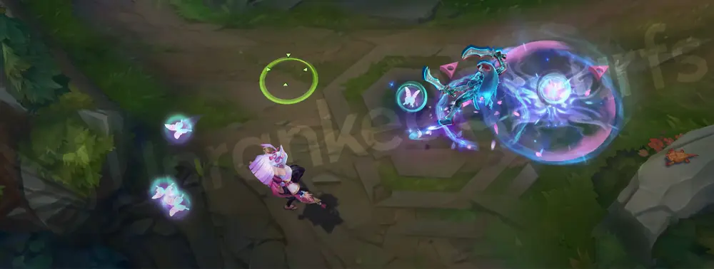 Spirit Blossom Syndra Q animation, butterfly orb forming in pink and cyan