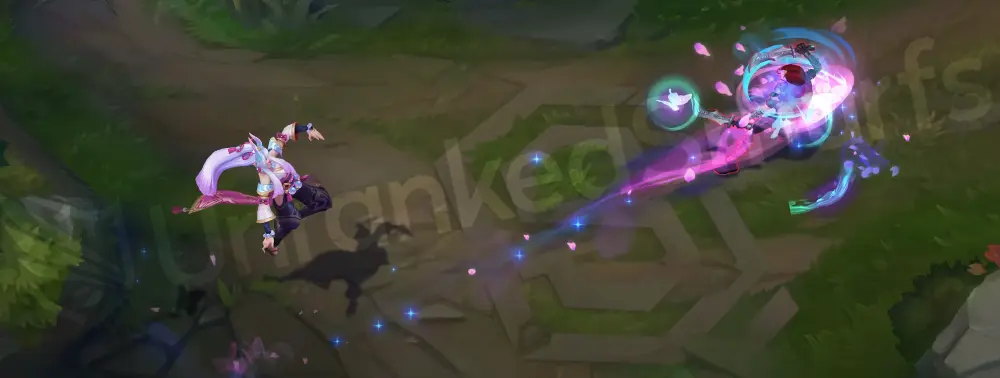 Spirit Blossom Syndra R animation part 2, final volley with cyan highlights