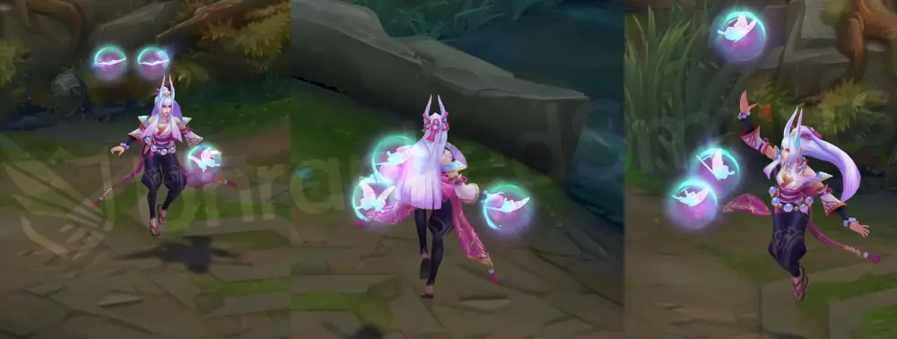 Spirit Blossom Syndra skin overview in-game, showing kimono, headdress, and pastel palette