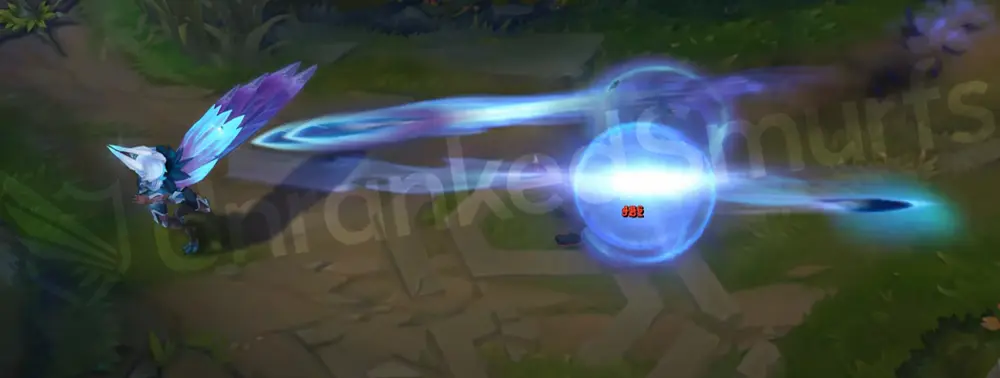 SSG Xayah E animation recalling blue feathers with icy streaks