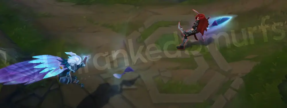 SSG Xayah Q animation showing blue-purple feather bolts