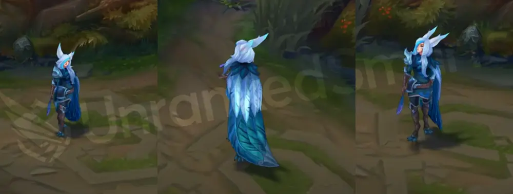 SSG Xayah in-game overview, front and side profile with silver-blue armor and icy feathers