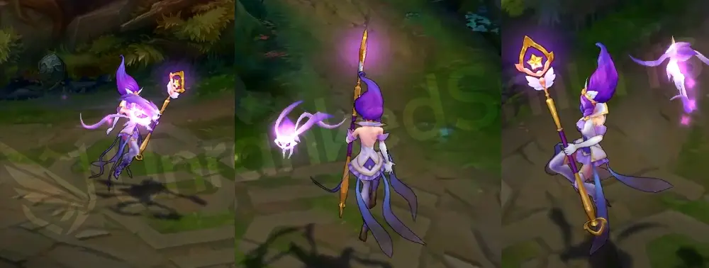 Star Guardian Janna in-game overview: white and violet bodysuit with gold winged star staff