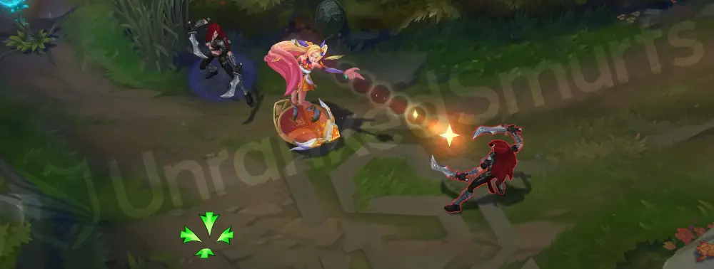 Star Guardian Seraphine basic attack animation with golden and purple sparkles