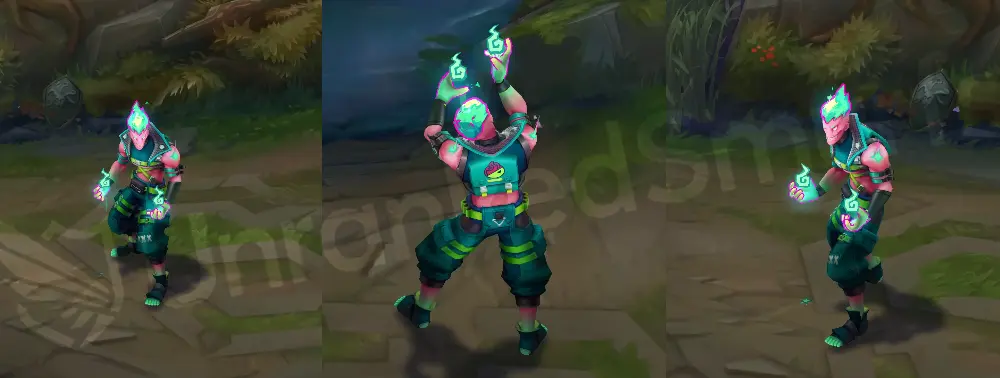 Street Demons Brand in-game model, front and side view with neon green flames and pink-green streetwear