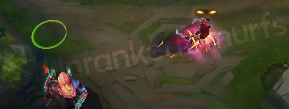 Street Demons Rengar E close-up, cyan-red accents and paint drip details