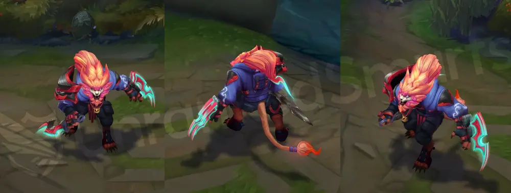 Street Demons Rengar skin overview in-game, showing front and side with neon colors