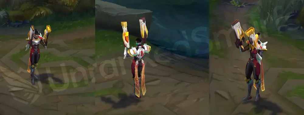 Strike Paladin Lucian skin overview, front and side in-game