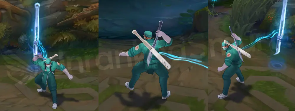Surgeon Shen in-game overview, front and side view with teal scrubs and surgical blade