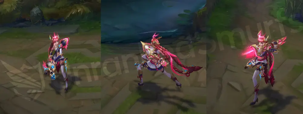T1 Jinx full-skin overview in-game, front and slight side view showing red hair, white outfit, and T1-branded weapons