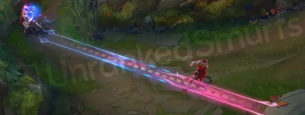 T1 Jinx W (Zap!) projectile with cyan-and-red streak and crisp hit flash