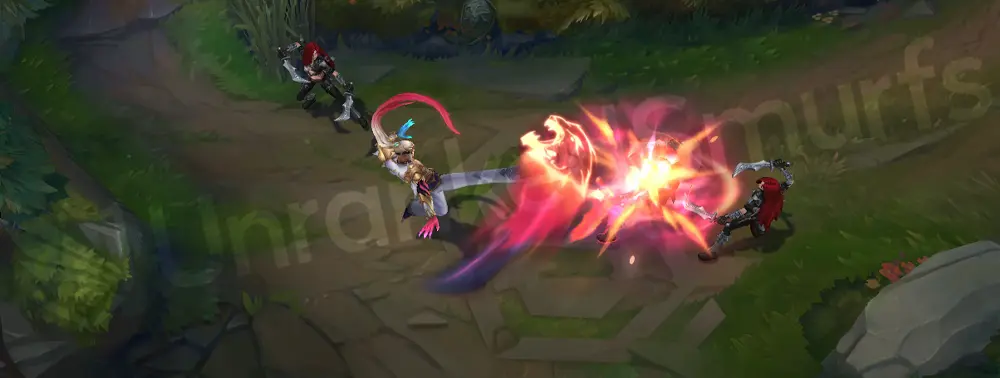 T1 Lee Sin R - Dragon’s Rage knockback with red-blue shockwave, angle 1