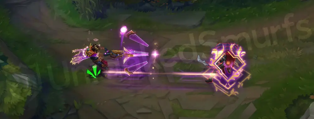 Three Honors Akshan R channeling bolts highlighted in violet and gold