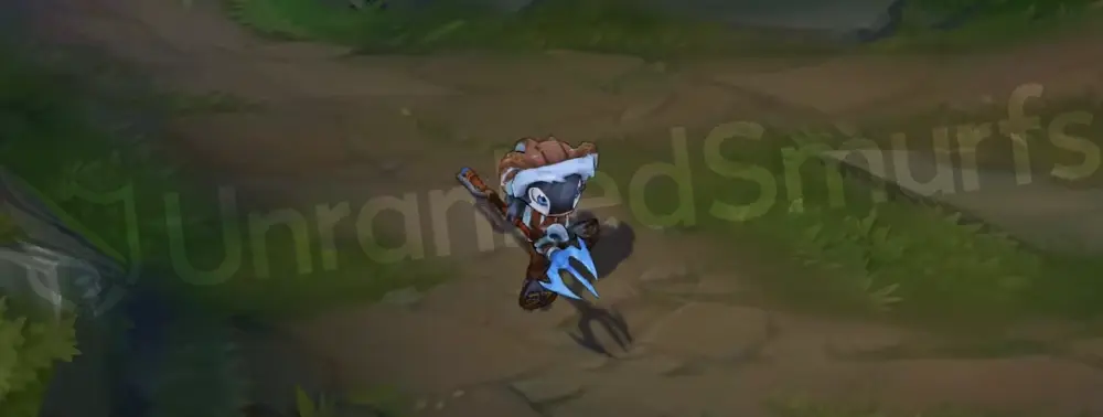 Tundra Fizz in-game view showing fur-lined parka, wooden snowshoes, and icy trident