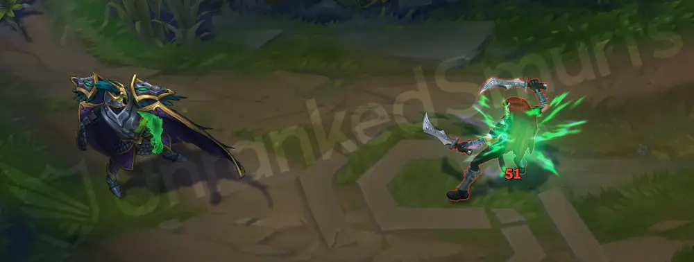 Tyrant Swain basic attack with green hit effect and armored silhouette