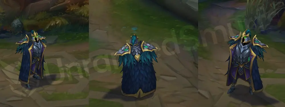 Tyrant Swain in-game full model, front and side showing black-and-gold armor and horned helm