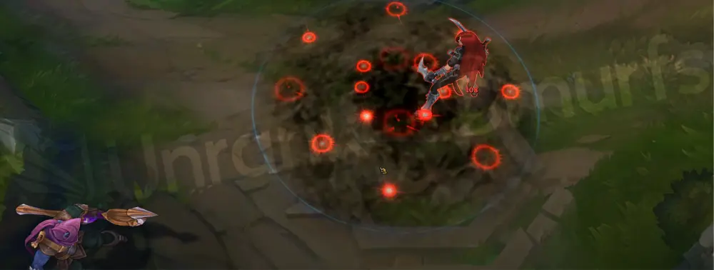 Varus Swiftbolt E Hail of Arrows impact with arcane purple glyphs