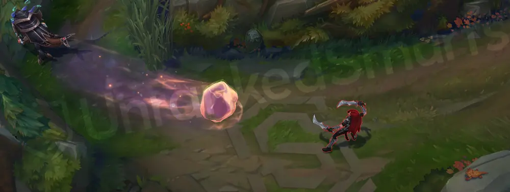 Victorious Kog'Maw E cast with corrosive trail in green-purple tones and gold flecks