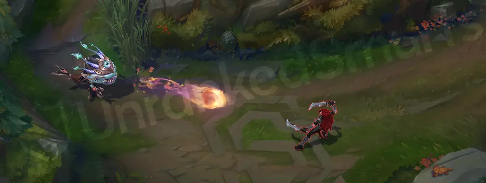 Victorious Kog'Maw Q animation with gilded bile projectile and purple-green trail