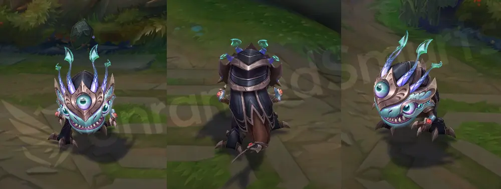 Victorious Kog'Maw in-game overview, showing front profile, gold armor, and feathered crest