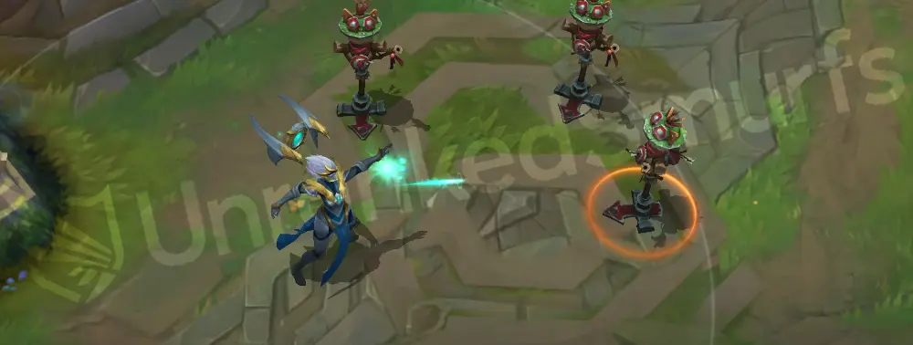 Warden Karma basic attack animation with tempered teal projectiles