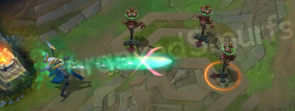 Warden Karma Q cast first phase with teal hard-light projectile