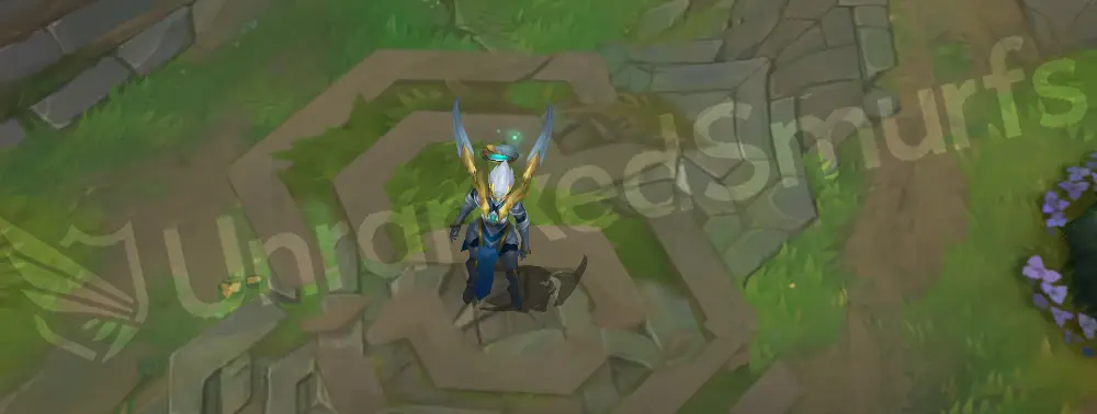 Warden Karma in-game overview, front and side views showing silver-gold armor and halo backpiece