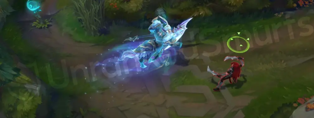 Winterblessed Hecarim E trail and impact effects in icy blue and purple