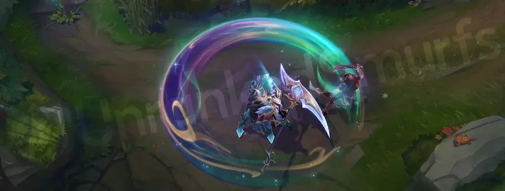 Winterblessed Hecarim Q sweep with icy arc and golden sparkles