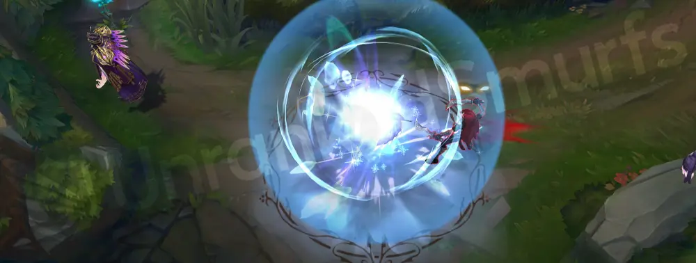 Winterblessed Swain W cast with snowflake sigil and cyan highlights