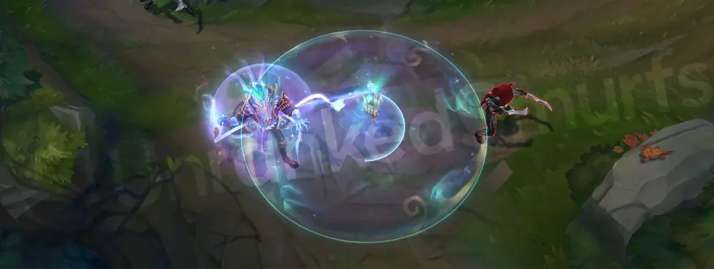 Winterblessed Thresh W shield bloom with blue-cyan aura and gold trim, part 3
