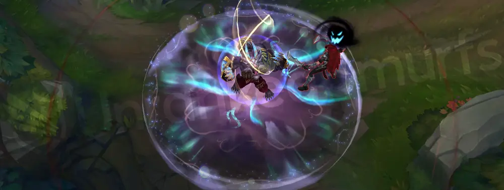 Winterblessed Warwick E cast with purple-cyan fear aura and snowfall